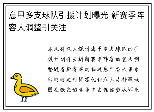 意甲多支球队引援计划曝光 新赛季阵容大调整引关注