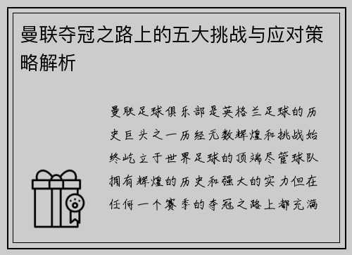 曼联夺冠之路上的五大挑战与应对策略解析